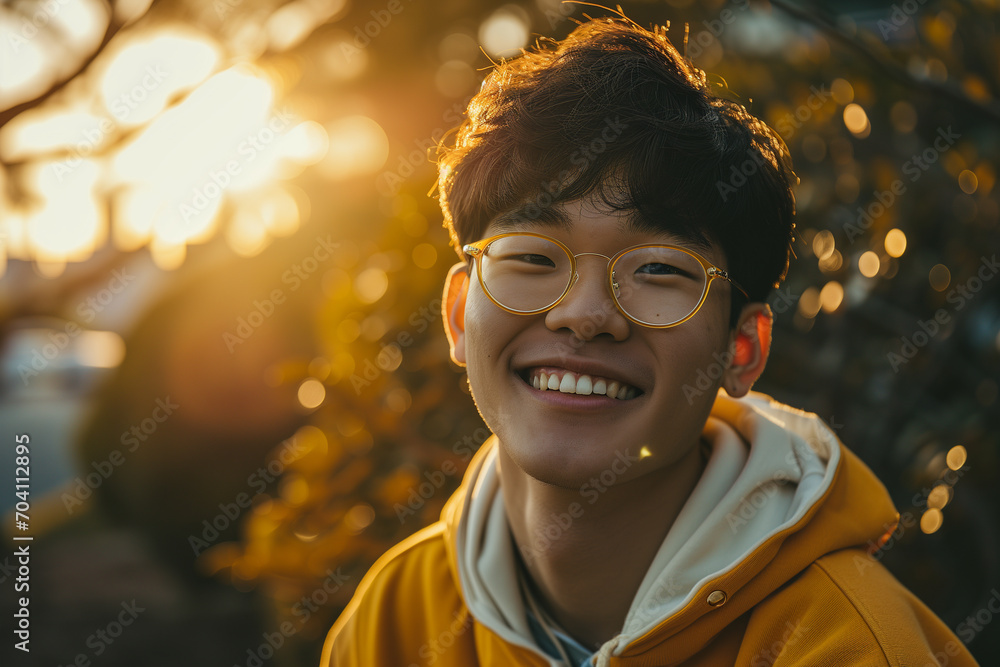 beautiful korean man with yellow glasses and yellow/white hoodie, smile. beautiful korean man with yellow glasses and yellow/white hoodie, smile.