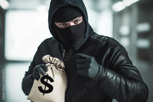 Bank robbery. Criminal in mask with bags of money. Money bags from bank in hands of robber. Bandit in black balaclava with money during money theft crime. Thief stealing money from bank.