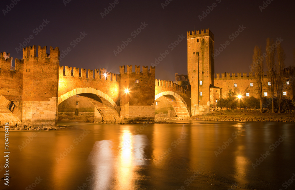 Verona -  Scaligero bridge at night - Ponte Scaligero