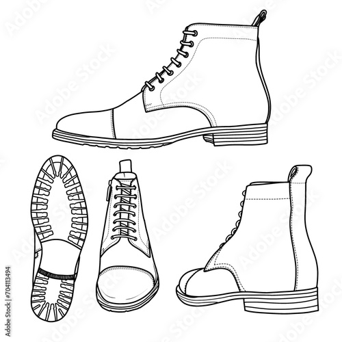 Vector Illustration Men's high leather shoes hand drawn collection, formal shoes, doodle vector sketch illustration, various view, suitable for your Leather Dress Boots, isolated on white background