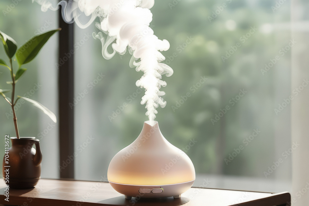 Aroma oil white glass diffuser with rising steam flow on table by window. Aroma oil white glass diffuser with rising steam flow on table by window.