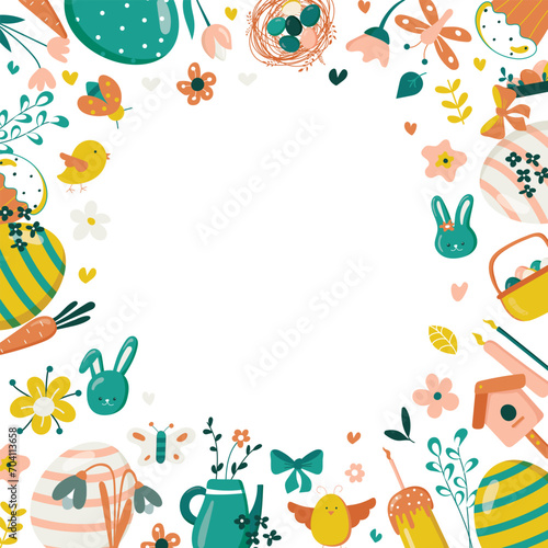 Frame made of elements for Easter. Traditional Easter elements. Vector illustration. Traditional easter ornament. Happy easter. Hand-drawn. Vector illustration.