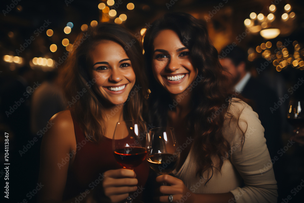 Women hold a glass of wine in their hands at a bar, celebrating the holiday of friendship and love Women hold a glass of wine in their hands at a bar, celebrating the holiday of friendship and love