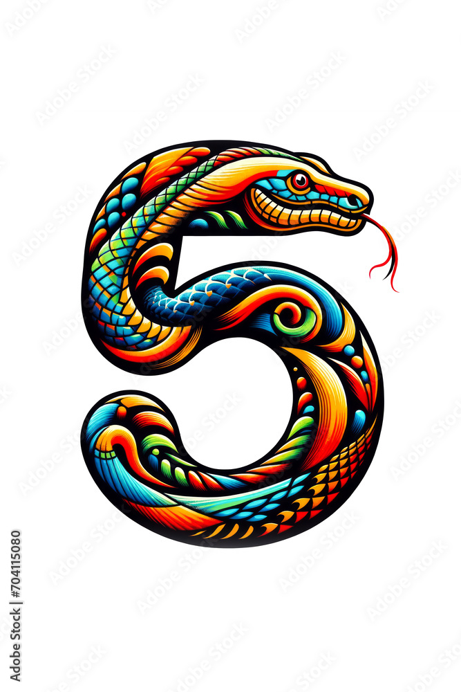 Obraz premium Illustration on white isolated background number five5 in the shape of drawn snake characters. Games for childrens development and learning. Training kids in counting. Copy space