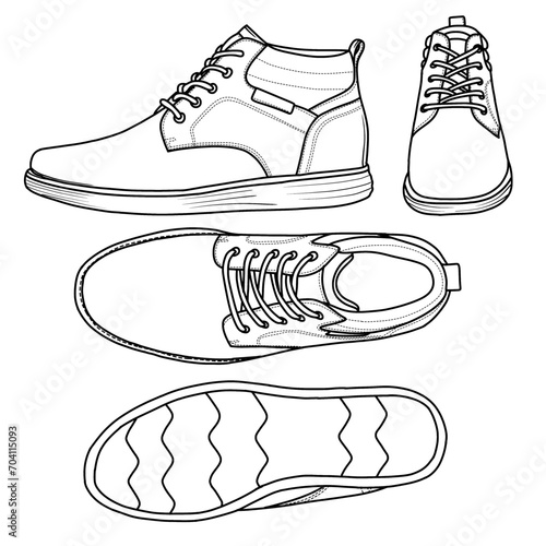 Vector Illustration Men's high leather shoes hand drawn collection, doodle vector sketch illustration, various view, suitable for your Sneaker Lace Up Dress Boot, isolated on white background