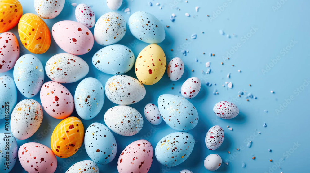 A collection of decorative Easter eggs in various pastel colors and patterns, scattered across a light blue background.