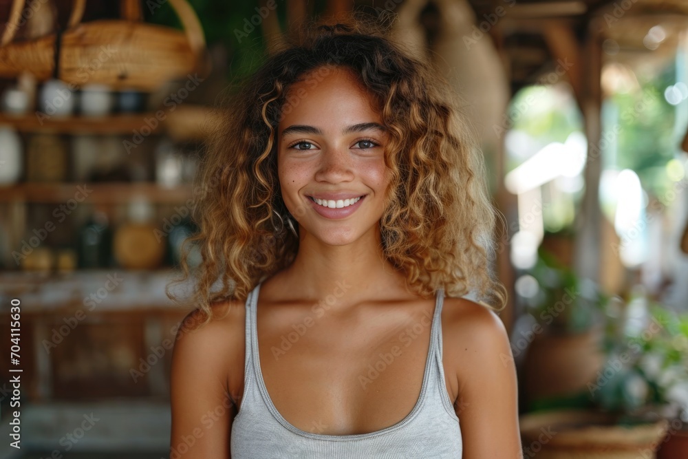 Cheerful young woman smiling at the camera while standing in a tank top
