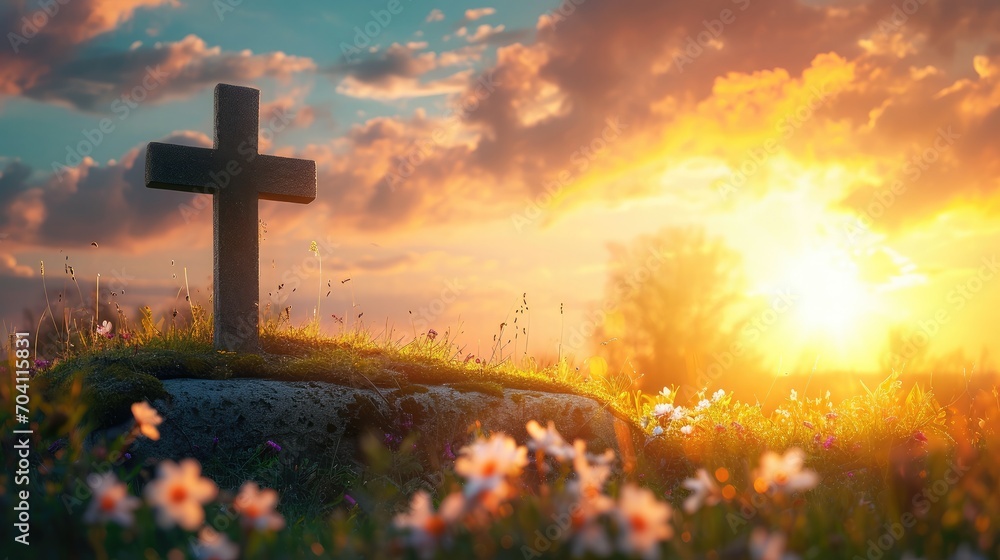 Good Friday concept: Empty tomb stone with cross on meadow sunrise background Good Friday concept: Empty tomb stone with cross on meadow sunrise background