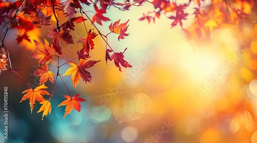 Happy Thanksgiving day concept  Maple leaves branch over gradient blurry autumn sunset background 
