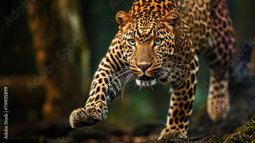 In the picture, a beautiful leopard, expressing his grace in motion, creates the impression of smo photo