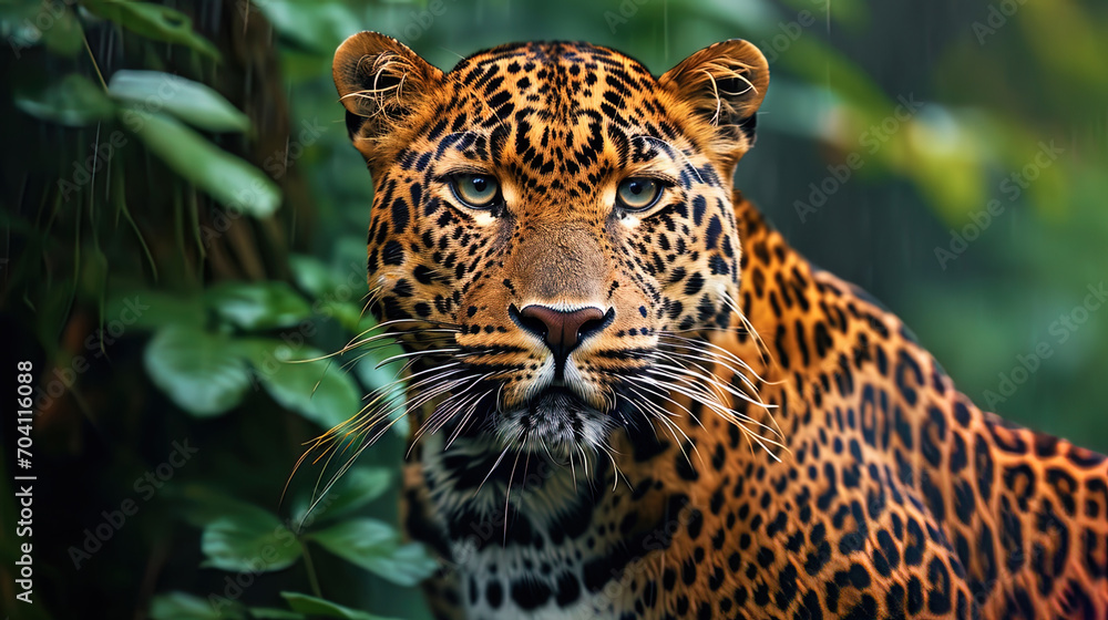 Obraz premium The image of a leopard with wet wool after rain creates a picture of natural beauty and freshness
