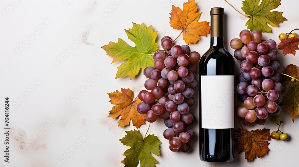 A bottle of red wine with autumn leaves and grapes