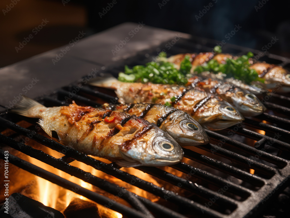 Sea fish on the grill with spicy spices