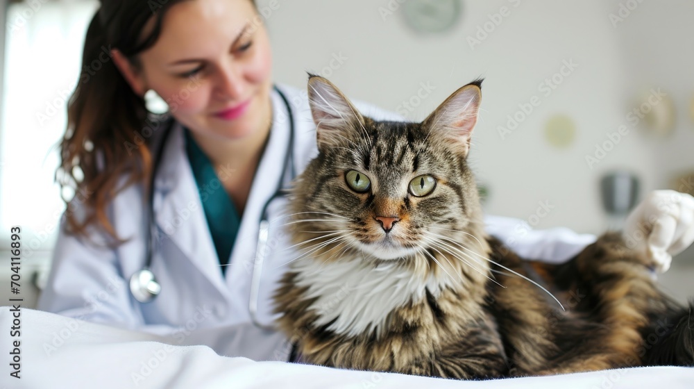 A female veterinarian smiles down at a long-haired tabby cat resting on a white surface. A female veterinarian smiles down at a long-haired tabby cat resting on a white surface.