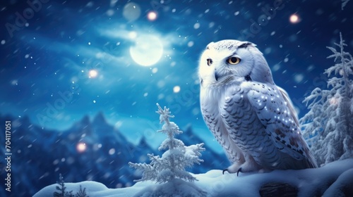 Snowy owl in a magical winter night scene with snowflakes and moonlight. photo
