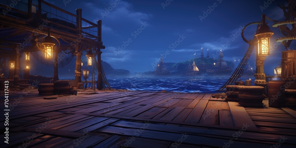 Fototapeta premium fantasy pirate ship night dock port
