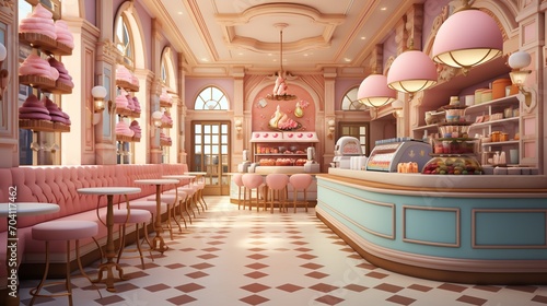 Pink and white themed bakery interior with pink banquettes and tables photo
