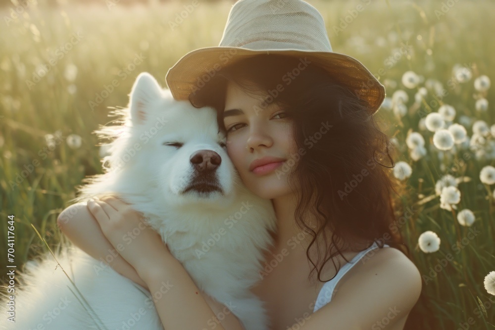 Portrait of woman with cute white samoyed dog Portrait of woman with cute white samoyed dog