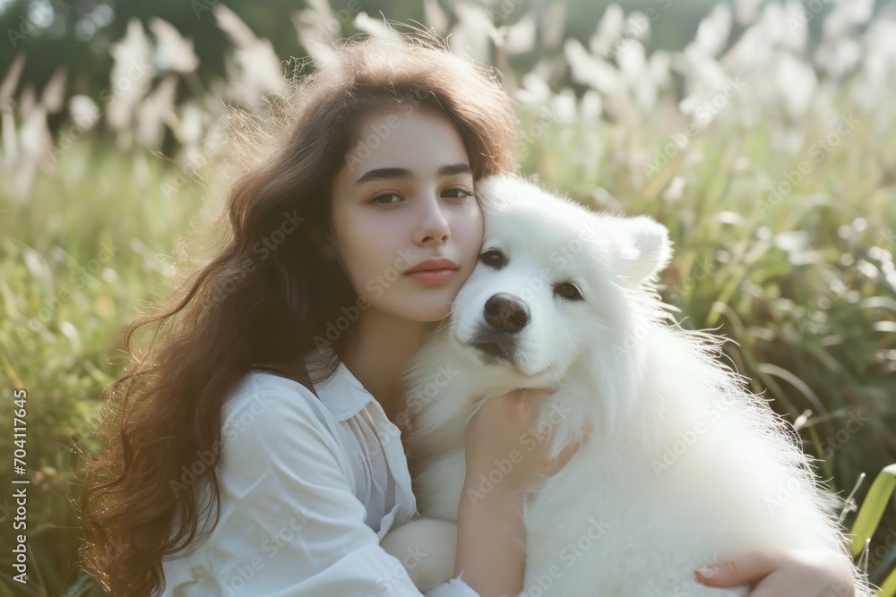 Portrait of woman with cute white samoyed dog Portrait of woman with cute white samoyed dog
