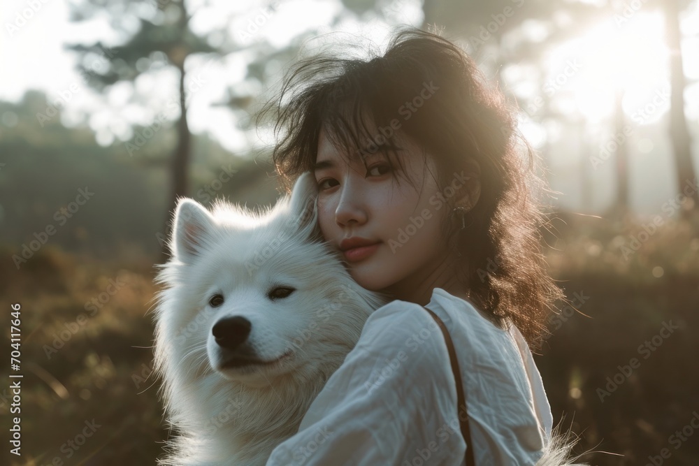 Portrait of woman with cute white samoyed dog Portrait of woman with cute white samoyed dog