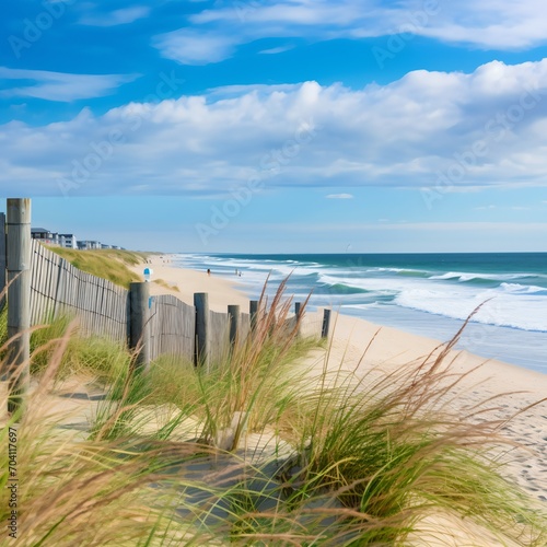 Beach with wooden fence and sea oats