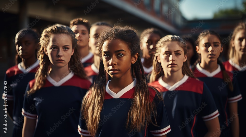 Team of young girls football players Team of young girls football players