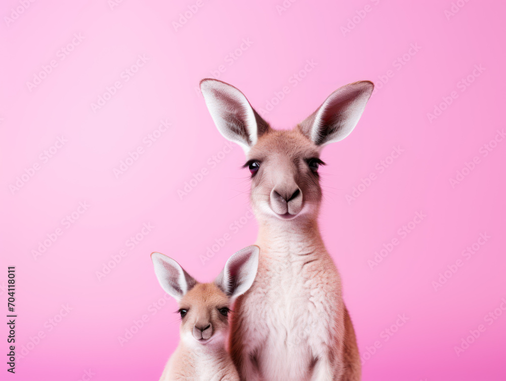 Kangaroo with cub isolated on pink background