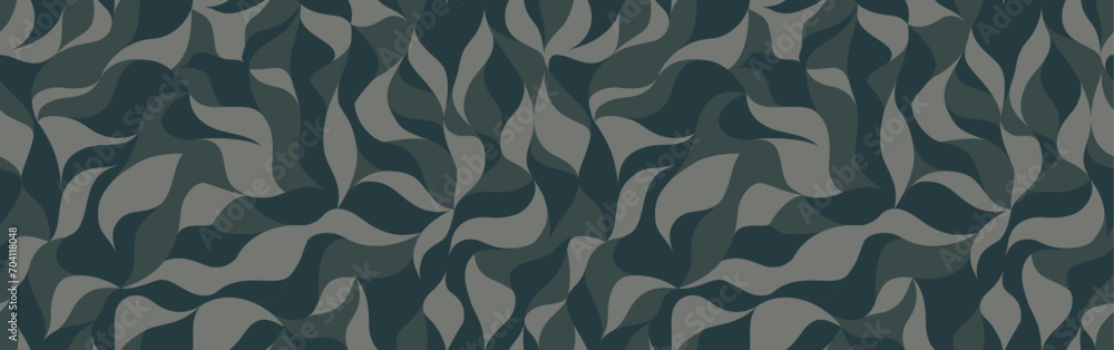 Curly waves tracery, black and gray curved lines, stylized abstract petals camouflage pattern. Leaflets camo texture wallpapers for printing on paper or fabric.  Vector seamless background - obrazy, fototapety, plakaty 