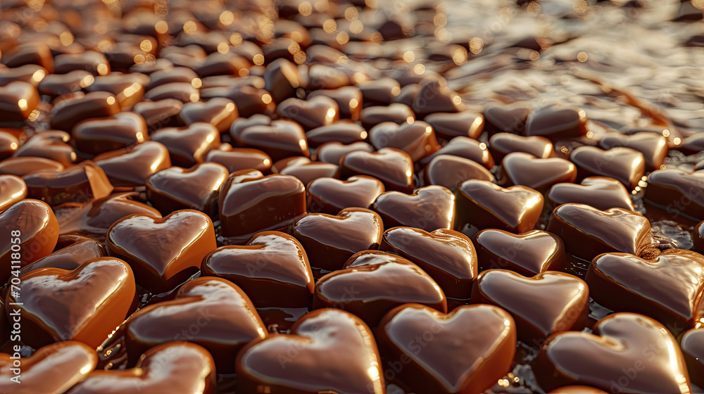 Obraz premium Close up of chocolate candy hearts, for Valentine's Day. Graphic banner