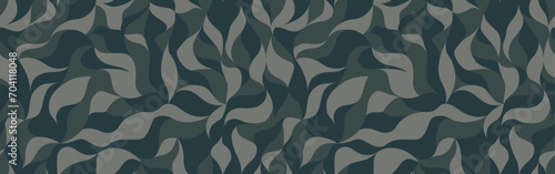 Curly waves tracery, black and gray curved lines, stylized abstract petals camouflage pattern. Leaflets camo texture wallpapers for printing on paper or fabric.  Vector seamless background