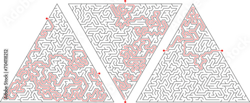 Set of three different hard difficulty labyrinths. Egyptian pyramids collection with solution - red passage. Maze of high complexity black and white vector illustration. Nice brainstorm puzzle