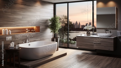 Luxury bathroom with a view of the city