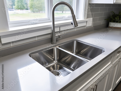 clean and well maintained aluminum kitchen sink, inside a restaurant kitchen