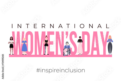 International Womens Day poster, banner. Inspire inclusion 2024 campaign. Group of women of different ethnicity, age, body type, hair color vector illustration in faceless flat style.