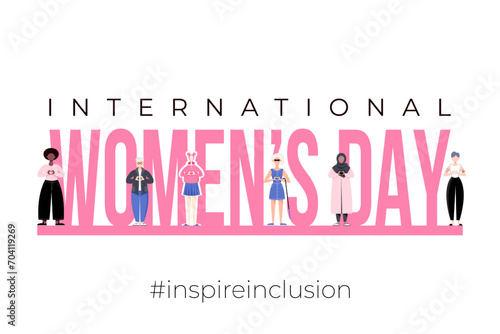 International Womens Day poster, banner. Inspire inclusion 2024 campaign. Group of women of different ethnicity, age, body type, hair color vector illustration in faceless flat style.