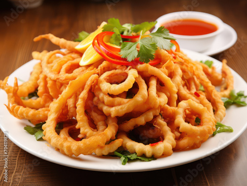 Delicious snack in the form of fried squid rings on plate with mayonnaise, fried in enough oil