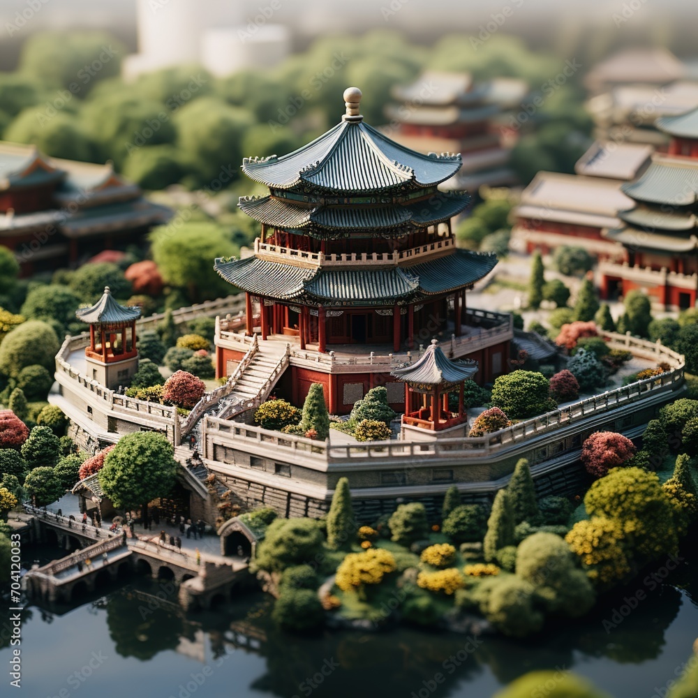 Obraz premium Miniature Chinese courtyard with traditional architecture and landscaping