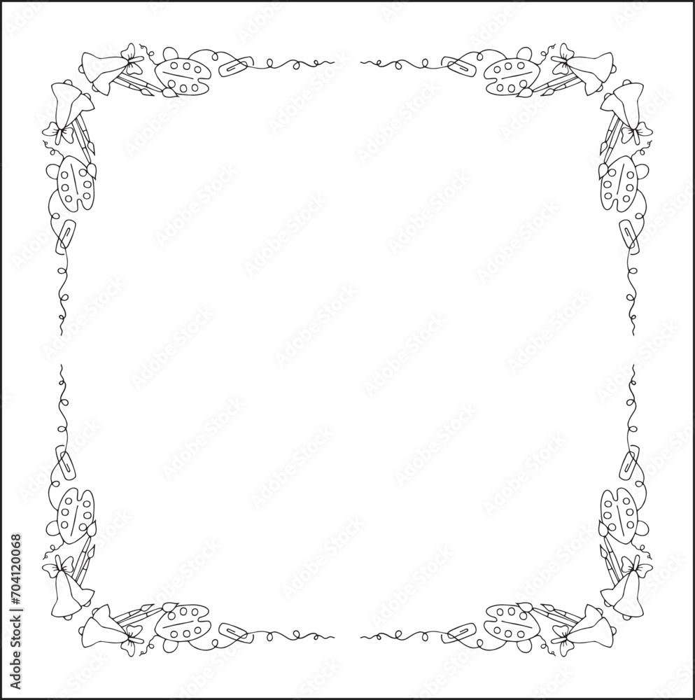 Elegant ornamental frame with school objects, decorative border, corners. Isolated vector illustration. Elegant ornamental frame with school objects, decorative border, corners. Isolated vector illustration.
