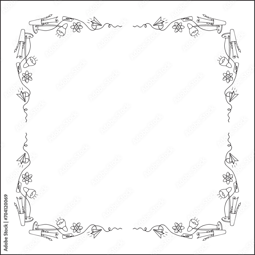 Elegant ornamental frame with school objects, decorative border, corners. Isolated vector illustration. Elegant ornamental frame with school objects, decorative border, corners. Isolated vector illustration.