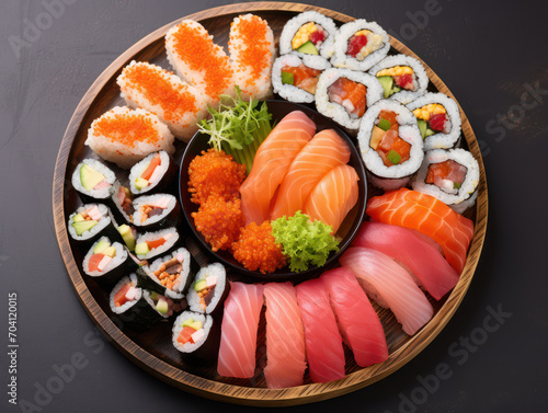 Plate of sushi, snacks of raw fish and rice with chopsticks