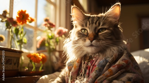 A cute cat wearing a scarf is sitting in front of a window