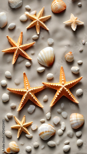 It is an image of sand  shells  and starfish. Generative AI  