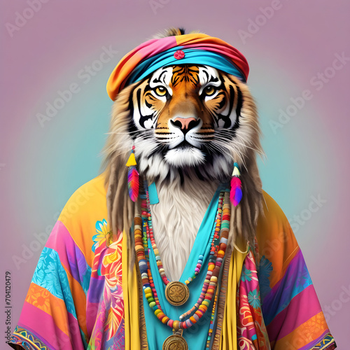Tiger dressed in hippy clothes. Humanization of animals concept