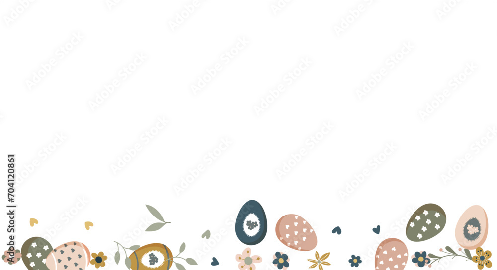 Happy Easter round frame. Pattern of eggs, flowers and twigs. For card, banner, poster, flyer, and web. Spring Festival. Vector illustration Happy Easter round frame. Pattern of eggs, flowers and twigs. For card, banner, poster, flyer, and web. Spring Festival. Vector illustration