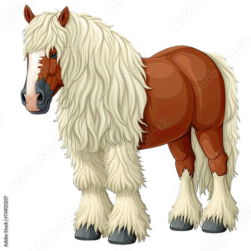 Cartoon Clydesdale Horse with Long White Mane and Feathers Illustration