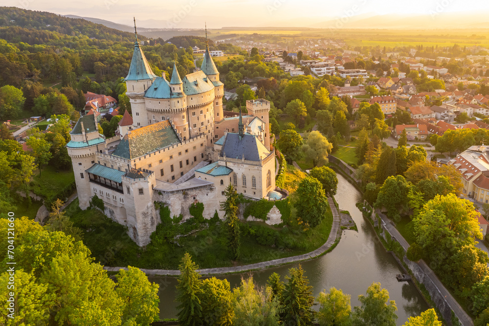 Aerial view of Bojnice medieval castle, UNESCO heritage site in Slovakia
