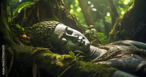 buddha statue laying in the forest  ai generated.