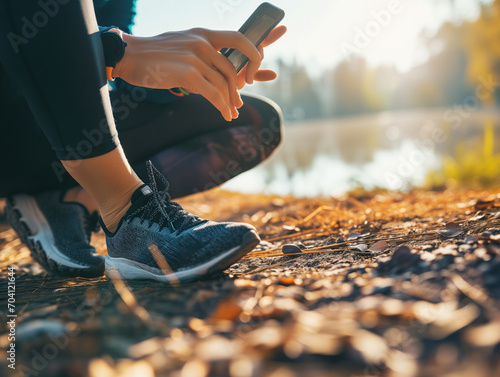 A runner preps for a run, using her smartphone's touchscreen app for music and messages. Close-up reveals her feet, legs, smartwatch, and hand on the device's display.