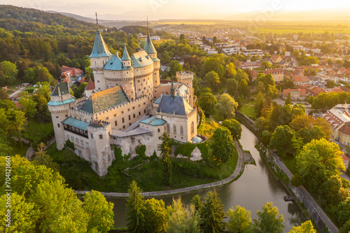 Obraz na płótnie Aerial view of Bojnice medieval castle, UNESCO heritage site in Slovakia w salonie