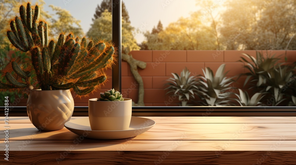 cactus plant in vas photo realistic on evening sun